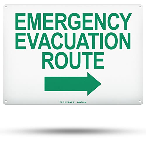 TRADESAFE Emergency Evacuation Route Arrow Right Sign – Wall Signs, Quick Install Aluminum Safety Sign, Light Reflective, UV-Resistant, Waterproof, 14” X 10” Signs for Business - style: Emergency Evacuation Route Arrow Right