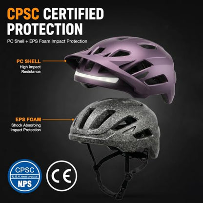 Bike Helmet, Helmets for Adults Men, Front and Back LED Lights Safe Certified MTB Road Bicycle Helmet with Adjustable Brim - color: Purple, size: M (55-58cm)