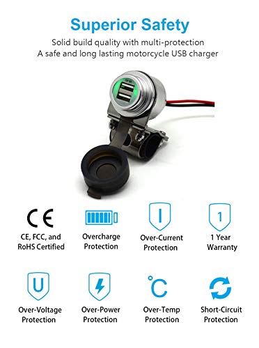 Cliff Top Motorcycle USB Charger Waterproof Dual USB Port 4A 20W Aluminium, with Magnetic Power Switch Heavy Duty for 7/8’’ and 1’’ Handlebars - Prevents Battery Drain (Silver) - color: Silver