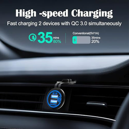 LENKRAD 2Pcs 12v/24v USB Outlet Quick Charge 3.0 Dual Port Car Charger Socket with Touch Switch, 18W Fast Charge Socket with Blue LED,Waterproof Marine USB Outlet DIY Kit for Motorcycle RV - color: Blue3