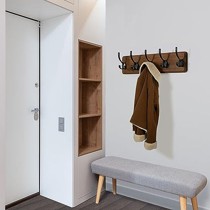 WEBI Coat Rack Wall Mount,Coat Hooks Wall Mounted,16" Hole to Hole,Coat Hanger Wall,Hook Rack Rail,5 Hooks for Hanging Jacket,Clothes,Hats,Rustic Brown - color: Brown Wood/Black Hook, size: 17.3 Inch-5 Hooks