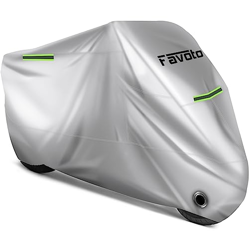 Favoto Motorcycle Cover Waterproof Outoor - Universal Heavy Duty Oxford Fabric Night Reflective with Lock-Hole Windproof Buckles Storage Bag Rain Dust Sun Protection Silver, 86.6 inch - color: Silver, size: 86.6"