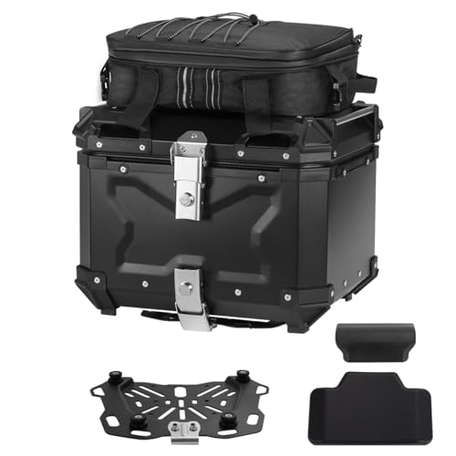 Motorcycle Top Case Set，Including Tail Box、Base Bracket、Backrest、Bag，Waterproof Aluminum Handle Motorcycle Helmet Case,Tail Box with Security Lock (Black, 45L) - color: Black, size: 45L