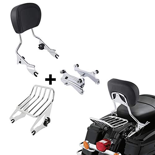XFMT Detachable Sissy Bar Passenger Backrest Pad W/Luggage Rack & 4-Point Docking Hardware Kits Fit For Harley Touring Road King Street Glide Road Glide Electra Glide 2014-Later, Chrome - color: Chrome Curves Luggage Rack, size: For Harley Touring 2014-La