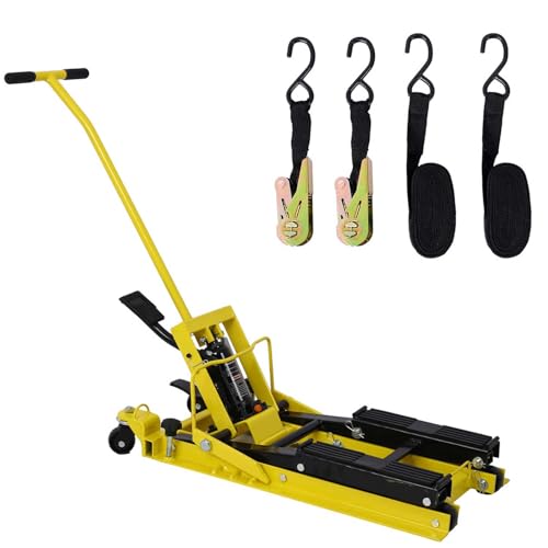 Hydraulic Motorcycle Lift Jack 1500 LBS for ATV, UTV & Dirt Bikes, Portable Scissor Lift Table with Foot Pedal, Tie-Down Straps & 4 Swivel Wheels for Garage Maintenance,Yellow - color: Yellow