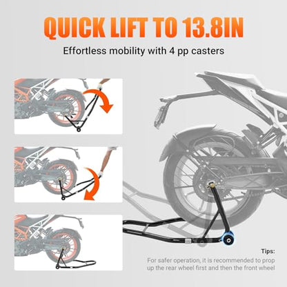 Motorcycle Rear Wheel Stand, with U + L Fork Swingarm Spool, 850lbs Capacity Universal Paddock Lift Jack Stand, Compatible With Most Yamaha Honda Kawasaki Suzuki BMW Motorcycles(New Update)