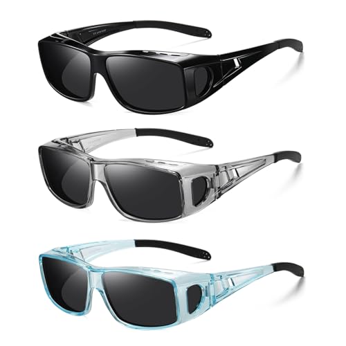 Wzerry Sunglasses Fit Over Glasses Polarized for Men Women, Wrap-Around Glasses UV400 Protection for Driving and Outdoor - color: Black/Grey + Transparent Grey/Grey + Transparent Blue/Grey