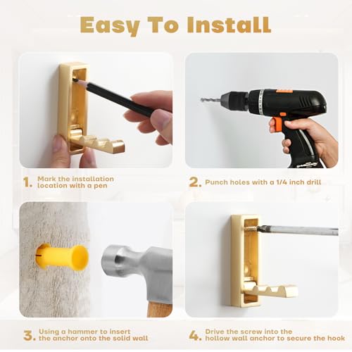 Folding Coat Hooks, 4Pcs Foldable Heavy Duty Wall Hooks Zinc Alloy No Rust Fold Up Hooks for Coat, Towel, Key, Hat, Bag, Jacket, Backpack. (Gold) - color: Gold, size: 4