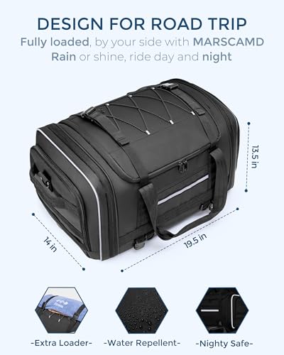 Marscamd Waterproof Motorcycle Tail Luggage Bag, 48L-64L Expandable, a Rain Cover Included, Bag with 4 Rack Mount Straps and Multiple Pockets - Black