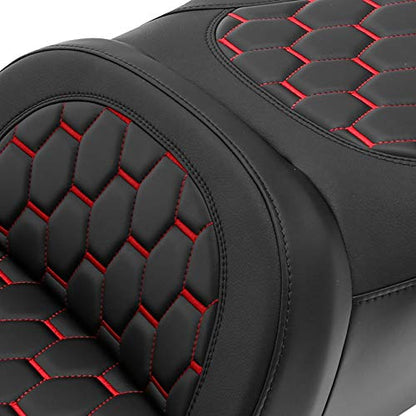 C.C. RIDER Motorcycle Driver Passenger Seat - Fat Diamond Pro 2-Up One-Piece Seat fit for Harley Touring Road King FLHR Street Glide FLHX Road Glide FLTRX 2009-2023, Red Stitching - color: Red Stitching
