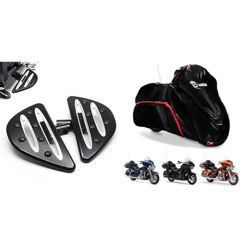 MZS Motorcycle Passenger Foot Pegs, 360° Roating Touring Floorboards + Motorcycle Cover Waterproof Outdoor Storage, 420D All Season Weather Compatible with Dyna Electra Road Street Glide Road King