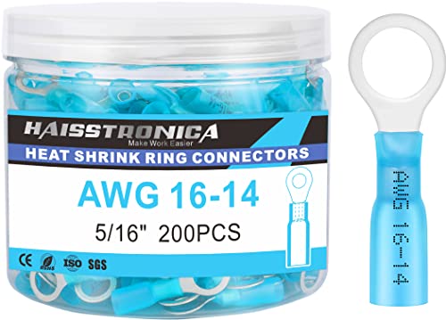 haisstronica 200PCS Heat Shrink Ring Terminals 5/16" Marine Grade Wire Connectors Blue AWG 16-14 Gauge, Tinned Red Copper 0.7mm Resistant Ring Connectors, Brazed-Seam Insulated Electrical Crimp - color: Blue, size: Ring 5/16"