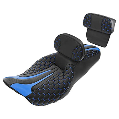 SLMOTO Rider Passenger Seat Driver Sissy Bar Passenger Backrest Pad for Harley Touring Road King Street Electra Road Glide 2014-2023 Black Blue One-Piece Seat Cushion Set - color: Blue + 2 Backrest SP