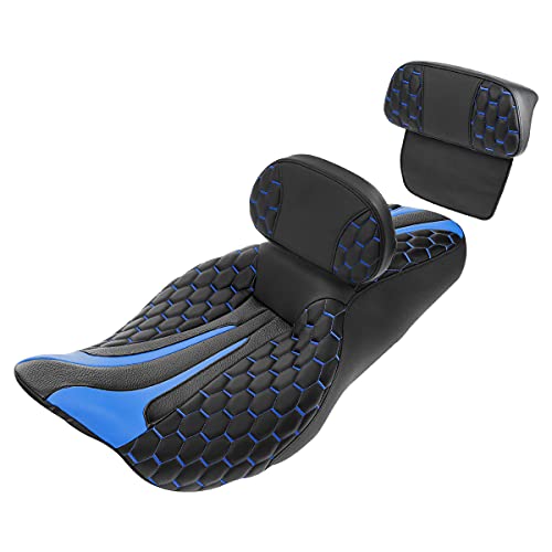 SLMOTO Rider Passenger Seat Driver Sissy Bar Passenger Backrest Pad for Harley Touring Road King Street Electra Road Glide 2014-2023 Black Blue One-Piece Seat Cushion Set - color: Blue + 2 Backrest SP