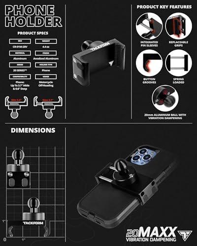 Tackform Black Phone Holder - Vibration Dampening 20MAXX Spring Cradle | Riser Mount - M10 Bolt | Compatible with CAN-AM F3, RS, ST, RT (Various Years) | Compatible with iPhone, Galaxy | Short Reach