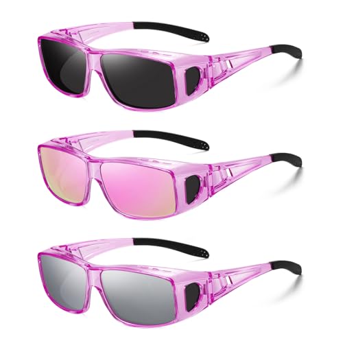 Wzerry Sunglasses Fit Over Glasses Polarized for Men Women, Wrap-Around Glasses UV400 Protection for Driving and Outdoor - color: Transparent Purple/Grey + Transparent Purple/Pink + Transparent Purple/Silver