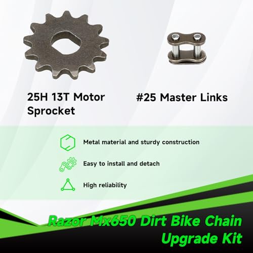 25H Chain 132 Link 13 Tooth Sprocket Compatible with Razor MX650 MX500 RSF650 SX500 Mcgrath Electric Dirt Bike MY1020 Motor Mini Pit Bike Rocket Scooter Motocross Parts with Chain Tensioner - color: Silver