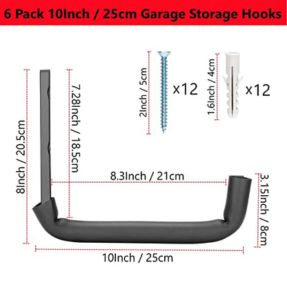 Garage Hooks, 10" Heavy Duty Garage Storage Tool Hangers, Wall Mount Storage Hooks for Garden Tools, Ladders, Bikes, Bulky Items - size: 8inch x 10inch