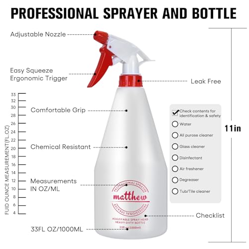 Matthew Cleaning 32 oz Plastic Spray Bottles, Professional Chemical Resistant Heavy Duty Spray Bottles for Chemicals, Cleaner, Bleach, Solvent Safe, Adjustable Nozzle and Measurement, Case Pack 12 Pcs - size: Case Pack - 12 Pcs