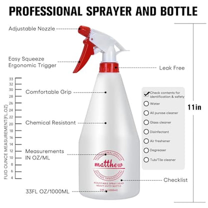 Matthew Cleaning 32 oz Plastic Spray Bottles, Professional Chemical Resistant Heavy Duty Spray Bottles for Chemicals, Cleaner, Bleach, Solvent Safe, Adjustable Nozzle and Measurement, Case Pack 12 Pcs - size: Case Pack - 12 Pcs