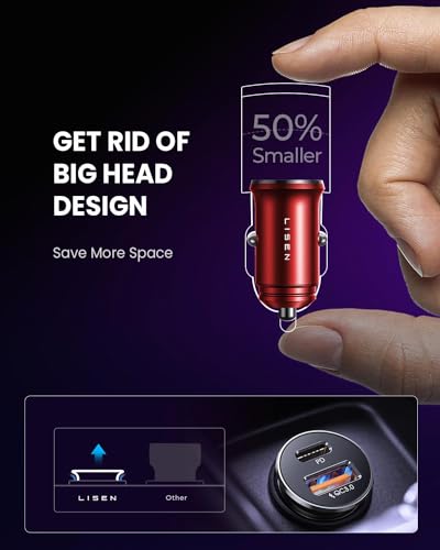 LISEN 2-Pack USB C Car Charger Adapter Fast Charge, 48W All Metal Cigarette Lighter USB Charger for iPhone 15 Smallest Flush Car Charger USB C for iPhone 14 Pro Max 13 12 Galaxy S23/22 iPad Pro-Red | Cigarette Lighter USB Charger, Car Accessories for Men