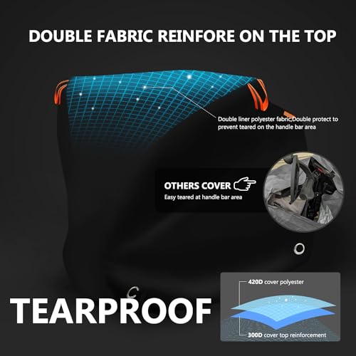 Motorcycle Cover Waterproof Outdoor,116" Heavy Duty 420D Oxford Cloth | Touring Bike Cover Fit for Honda,Yamaha,Harley,Tear-Resistant,Anti-UV,Windproof,3 Pairs Straps,Lock Holes,116"Lx43"Wx55"H