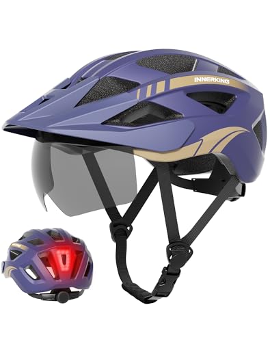 Bike Helmet for Adults, Lightweight Mountain Bicycle Helmet with USB Rechargeable Rear Light Detachable Magnetic Goggles, Road Bike Cycling Helmet with OTG Visor for Men Women - color: Blue, size: Medium