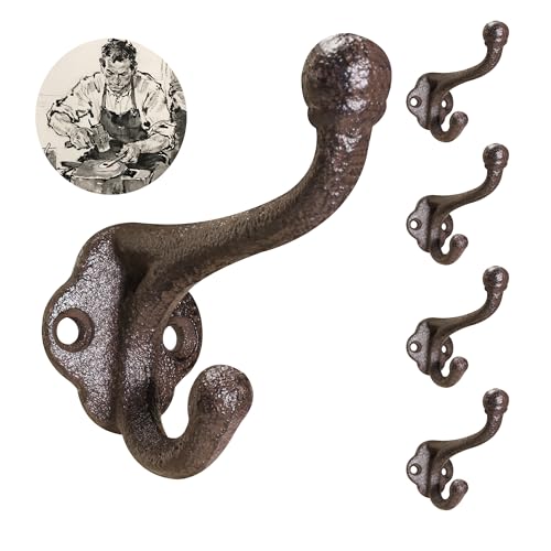 Rustic Cast Iron Coat Hooks Wall Mounted, Farmhouse Decorative Wall Hooks for Hanging Towels Hats Keys Bags, Vintage Heavy Duty Hangers Rack for Entryways Kitchen Mudrooms Outdoor (Brown(5Pcs)-) - color: Brown(5Pcs)-