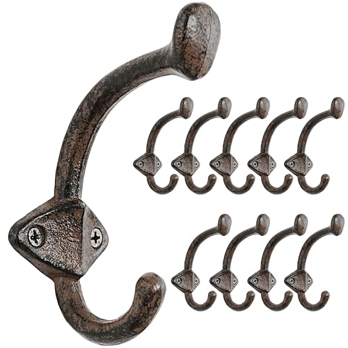 Dseap Cast Iron Wall Hooks L=5”, Heavy Duty Coat Hooks, Rustic Vintage Farmhouse Hook for Hanging Winter Coats Jackets Towels Hats Bags Plants, Antique Brown, Pack of 10 (ShieldBold) - color: Brown, size: L=5" (Pack of 10)