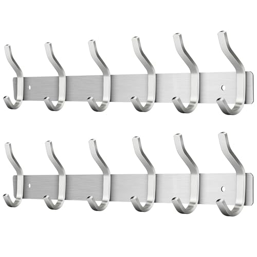 304 Stainless Steel Wall Hooks, 17 Inch Coat Rack Wall Mount with 6 Hooks,Silver Wall Hooks Hangers for Entryway, Bathroom - for Hanging Backpack, Bag, Coat, Purse, Hat, Towel, Clothes,2 Packs - color: Silver, size: 6 Hooks 2 Pieces