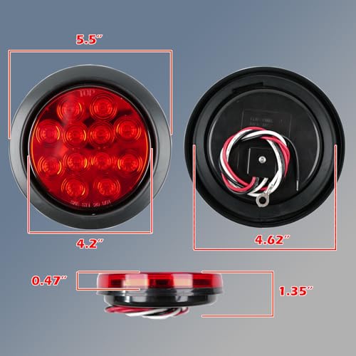 fouwick 4.2 Inch Round Red LED Trailer Tail Lights, 12-LED Waterproof IP65 Stop Turn Brake Light, 12V Flush Mount Trailer Lights LED Kit for Truck, Boat, RV, Marine (2 Pack) - color: 4 inch Round Red 12LED