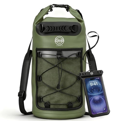 STOVER 5/10/25/30/40/55L Waterproof Dry Bag- Roll-Top Backpack w/Phone Case- Kayaking, Hiking, Camping, Boating- Men/Women - color: 30l Green (With Phone Case), size: 30L