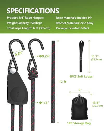 Kayak Straps Tie Downs 8 Pack Set, Roof Rack Straps Adjustable Ratchet Tie Down Straps with Lock S Hooks, 1/4 Inch 12 Feet Ratchet Straps for Small Cargo, Kayak-Soft Loops, Packing, Camping Gear - size: 8-Pack 1/4"