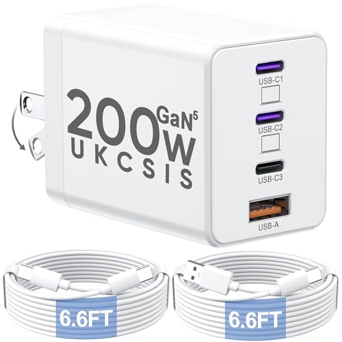 200W USB C Charger Block, Adapter for iPhone 17/16/15 Pro Max Charger Fast Charging, Foldable 4-Port GaN5 Fast Charging Block, Dual 65W Laptop Super Fast Charger Type C for MacBook Pro/Air iPad - color: White, size: 1 Pack