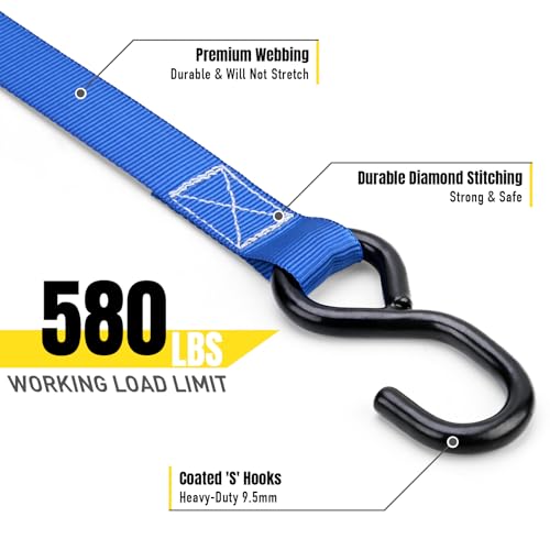 Stay There Ratchet Tie Down Straps 1'' x15', Ratchet Straps with S Hook - 1760lb Break Strength for Securing Motorcycle, Kayak, Truck with Rubber Handles, A Sturdy Bonus Bag & 4 Soft Loops Included - color: Blue