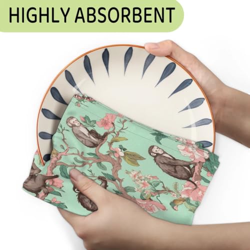 Monkey Tree Flower Kitchen Towels - Set of 2 Absorbent Drying Dish & Hand Towels for Home, Bathroom & Restaurants - color: Light Green