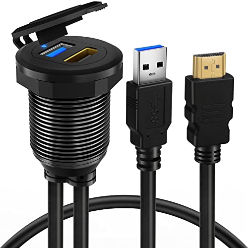 USB 3.0 & HDMI to HDMI + USB 3.0 Car Mount Flush Cable, Alloy Shell Dash Panel Extension Cable with LED Indicator for Car Boat Motorcycle 1ft - style: USB3.0 & HDMI 1ft