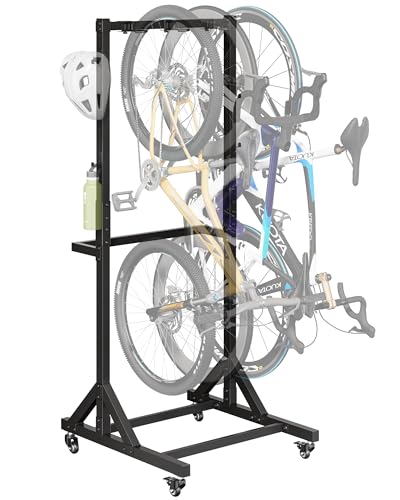 monTEK Freestanding Bike Storage Rack for 3 Bikes, Heavy Duty 210LBS Vertical Bike Stand with 3 Bike Hooks & 4 Helmet Hooks, Indoor and Outdoor Bike Storage Rack with Locking Casters - size: 3 Bike Rack