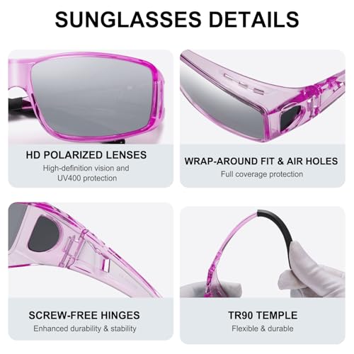 Wzerry Sunglasses Fit Over Glasses Polarized for Men Women, Wrap-Around Glasses UV400 Protection for Driving and Outdoor - color: Black/Grey + Transparent Purple/Grey + Transparent Purple/Silver