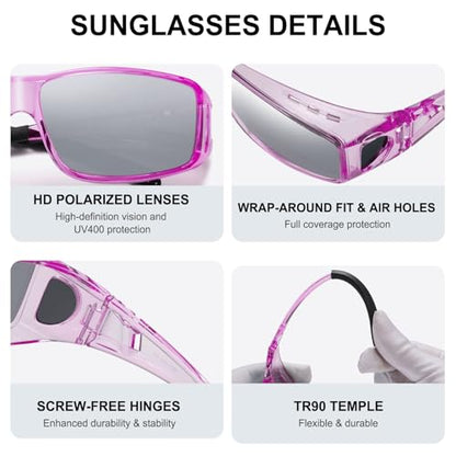 Wzerry Sunglasses Fit Over Glasses Polarized for Men Women, Wrap-Around Glasses UV400 Protection for Driving and Outdoor - color: Black/Grey + Transparent Purple/Grey + Transparent Purple/Silver