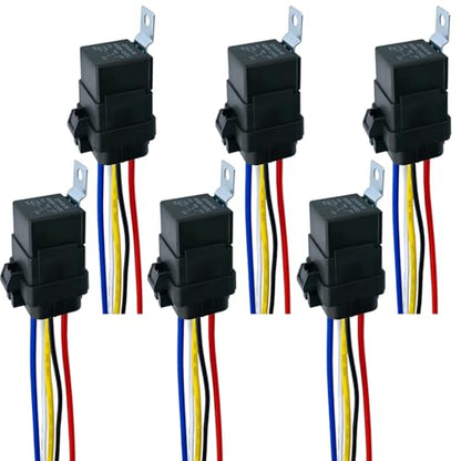 6 Pack 5 Pin Relay 40/30 AMP 12V DC Waterproof Relay Kit with Heavy-Duty Pigtail, 5-PIN SPDT Automotive Relays with Socket and Wires for Car, Truck, Boat, Motorcycle