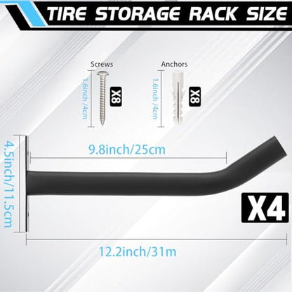 4 Pcs Tire Wall Hooks, Heavy Duty Garage Storage System, Strength Steel Tyre Rack for Car, SUV, Motorcycle Tires, Ladders & Chairs (12.2Inch) - size: 12inch(‌⌀=1.2"), 4pcs