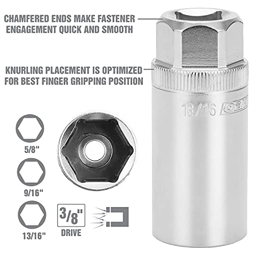 OEMTOOLS 22891 3/8 Drive Magnetic Spark Plug Socket Set, Contains 5/8" (16 mm), 9/16", and 13/16" 6 Point Deep Sockets, Fits Most Car Spark Plugs - style: 3 piece set