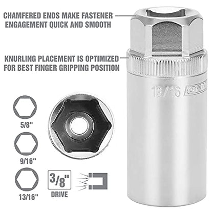OEMTOOLS 22891 3/8 Drive Magnetic Spark Plug Socket Set, Contains 5/8" (16 mm), 9/16", and 13/16" 6 Point Deep Sockets, Fits Most Car Spark Plugs - style: 3 piece set