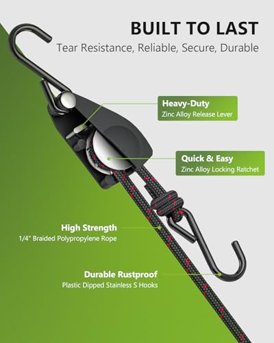 Kayak Tie Down Straps Ratchet, Kayak Straps for Secure Canoe to Roof Racks, Hiking Camping, Boating & Water Activities, Heavy Duty Ratchet Pulley Rope Hanger Kayak Accessories 2-Pack 1/4" 12FT - size: 2-Pack 1/4"