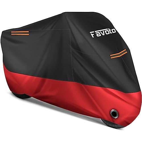 Favoto Motorcycle Cover Waterproof Outdoor - All Season Weather Dust Sun Rain Protection Night Reflective with Lock-Holes Storage Bag Fits up to 96.5" Motorcycles Tarp Dirtbike Cover - color: Red, size: 96.5"