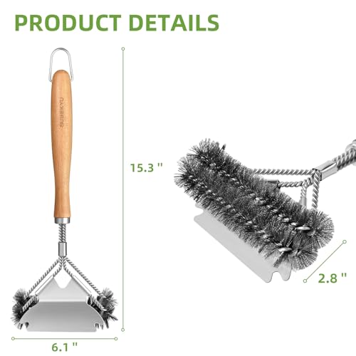 SUBEKYU Outdoor BBQ Grill Brush, 15.3'' Scraper Cleaning Brush - Stainless Steel Grill Cleaner with Scraper, Beech Wood Handle, 1Pack