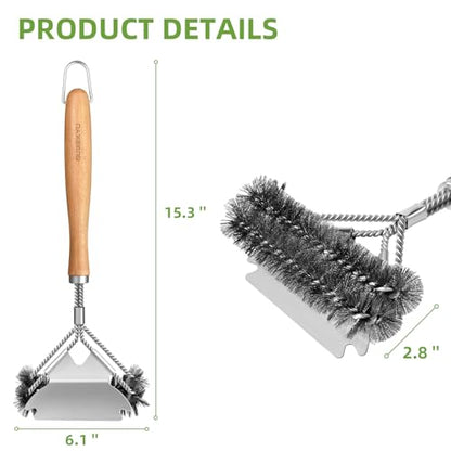 SUBEKYU Outdoor BBQ Grill Brush, 15.3'' Scraper Cleaning Brush - Stainless Steel Grill Cleaner with Scraper, Beech Wood Handle, 1Pack