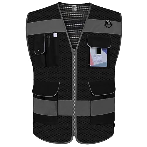 TCCFCCT Mesh Safety Vest for Men Women, 9 Pockets High Visibility Reflective Safety Vest, Hi Vis Construction Vest with Reflective Strips, Meets ANSI/ISEA Standards, (Black, Small) - color: Black Mesh-bison 03, size: Small