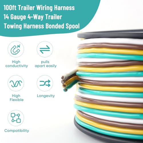 Trailer Wiring Harness 100FT 14 Gauge Trailer Tow Harness Bonded Spool, CCA 4 Way Colour-Coded Trailer Wiring Kit, Waterproof Boat Trailer Wire (Green, Yellow, Brown, White)